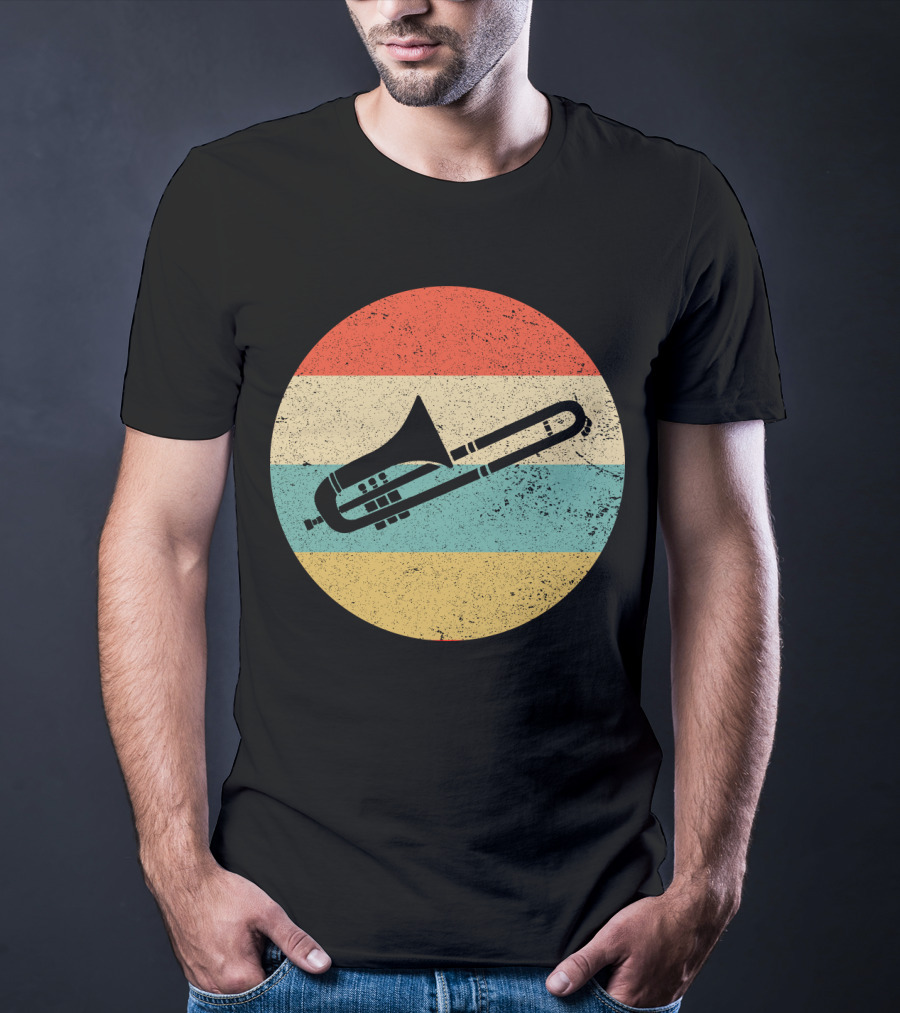 Vintage Retro Trombone Graphic On Striped Circle Background T-Shirt