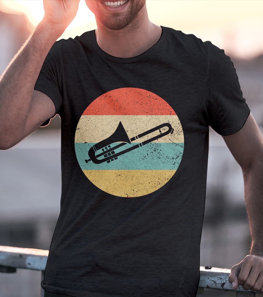 Vintage Retro Trombone Graphic On Striped Circle Background T-Shirt
