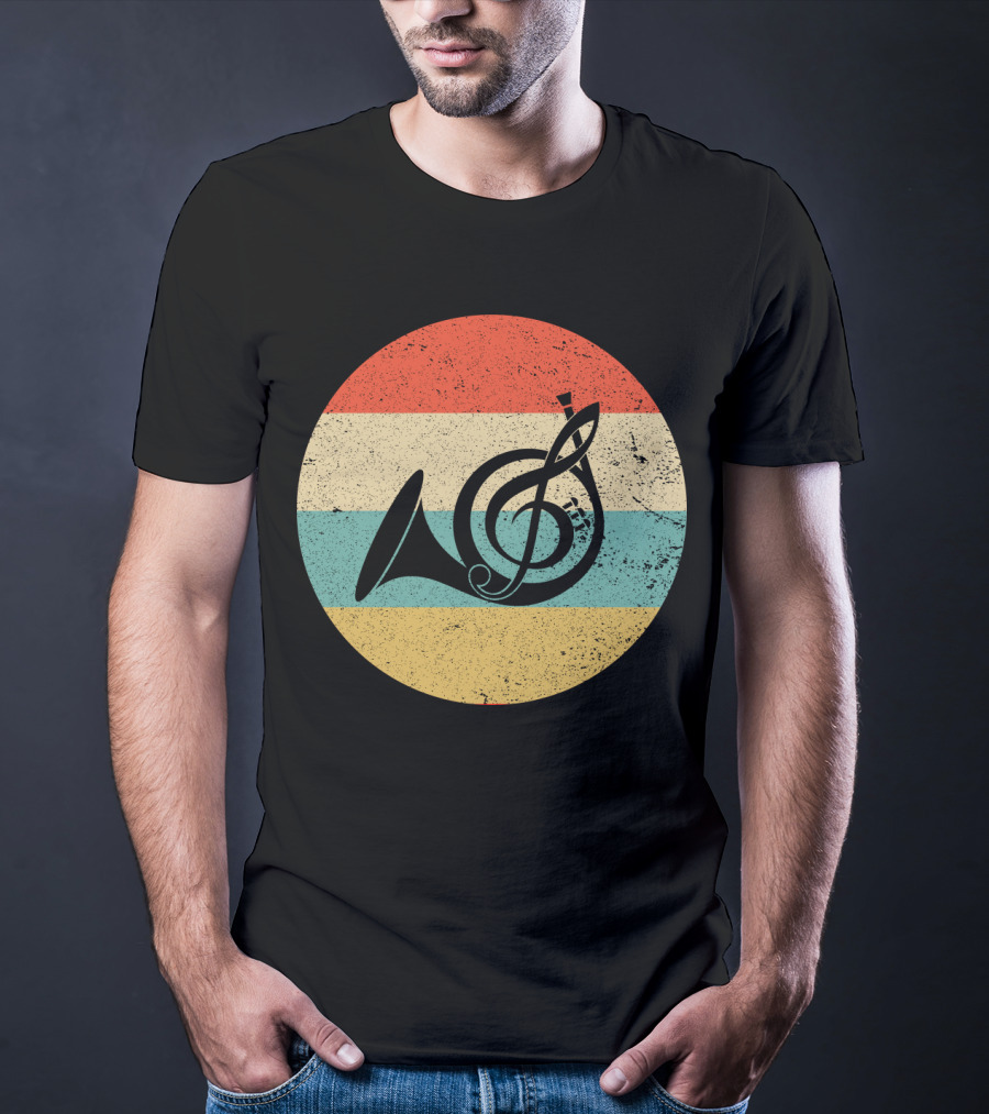 Vintage Retro Treble Clef French Horn Circle T-Shirt