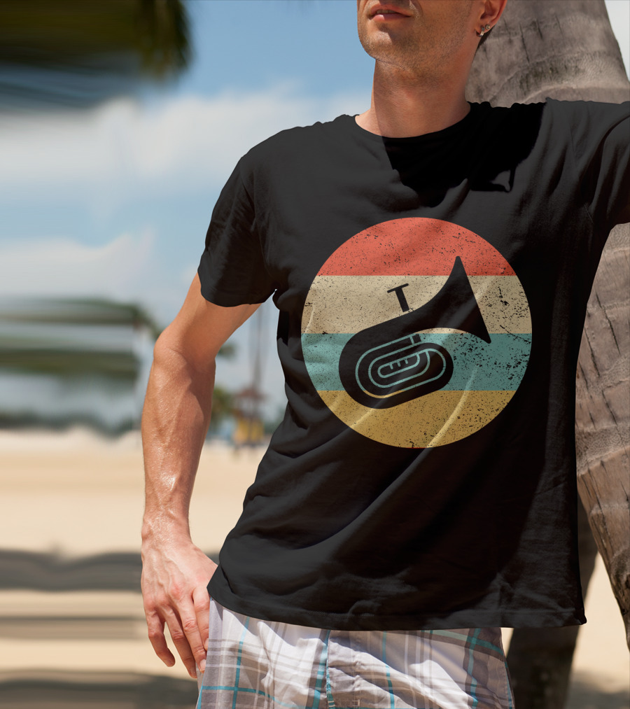 Vintage Retro Tuba Circle With Distressed Rainbow Stripes Background T-Shirt