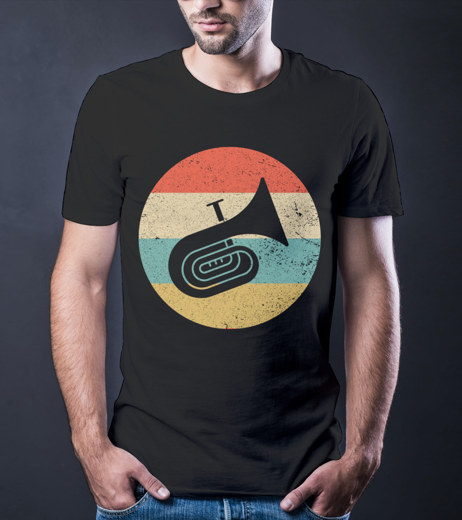 Vintage Retro Tuba Circle With Distressed Rainbow Stripes Background T-Shirt