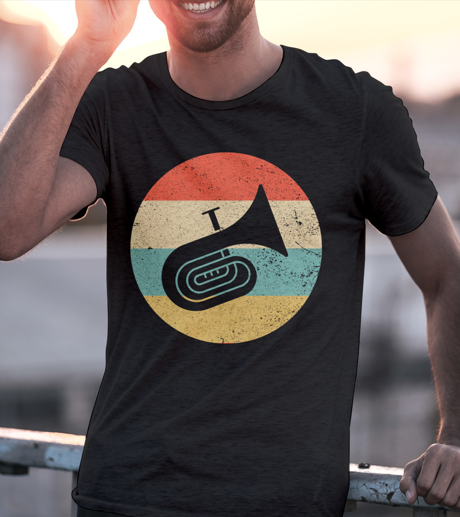 Vintage Retro Tuba Circle With Distressed Rainbow Stripes Background T-Shirt