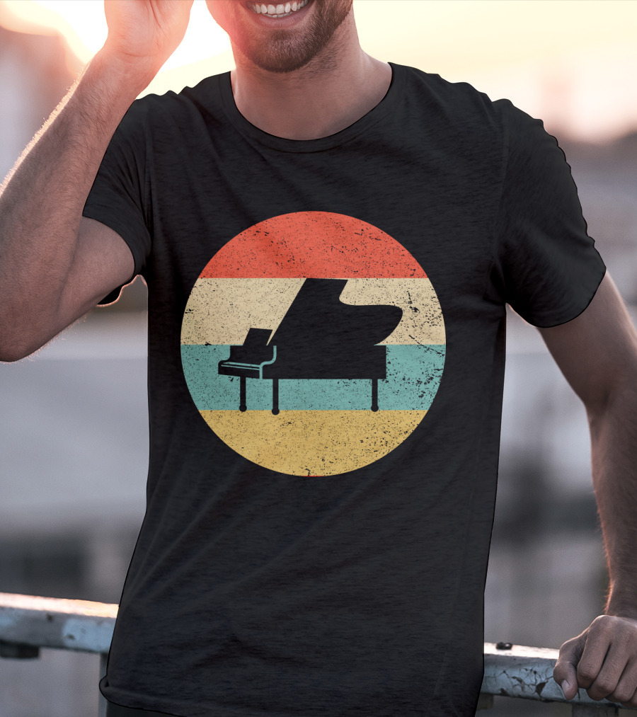 Vintage Retro Piano Silhouette With Stripes T-Shirt