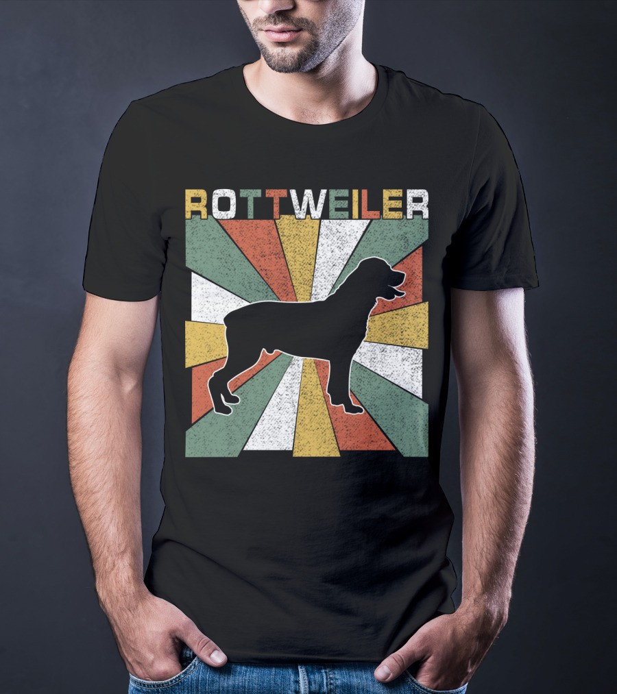 Rottweiler Dogs Retro 70s Vintage Silhouette Multicolor Stripes T-Shirt
