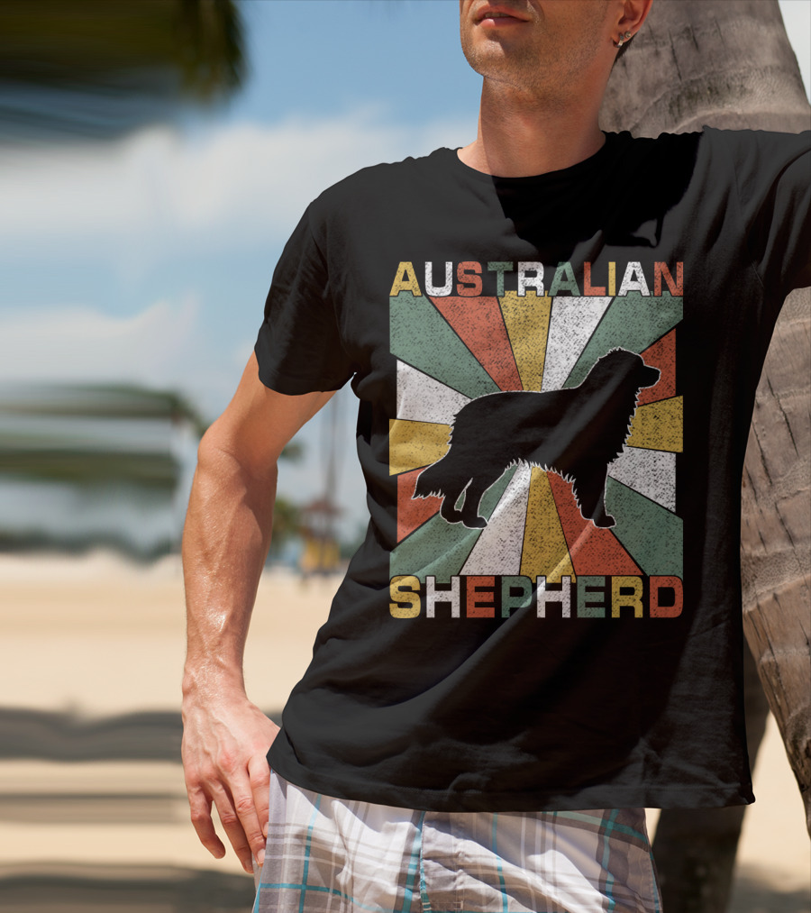 Australian Shepherd Dog Silhouette Retro 70s T-Shirt