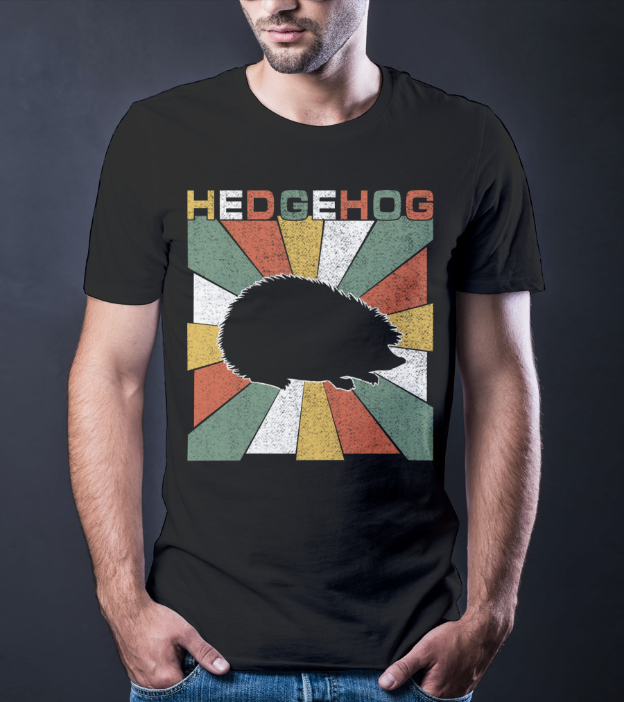 Hedgehog Retro 70s Silhouette Vintage Stripe Burst T-Shirt