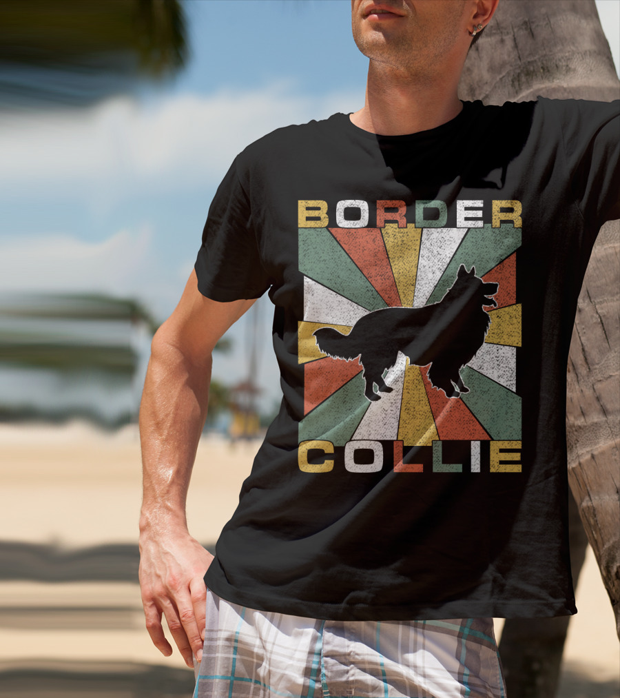Border Collie Retro 70s Silhouette Radiant Stripes T-Shirt