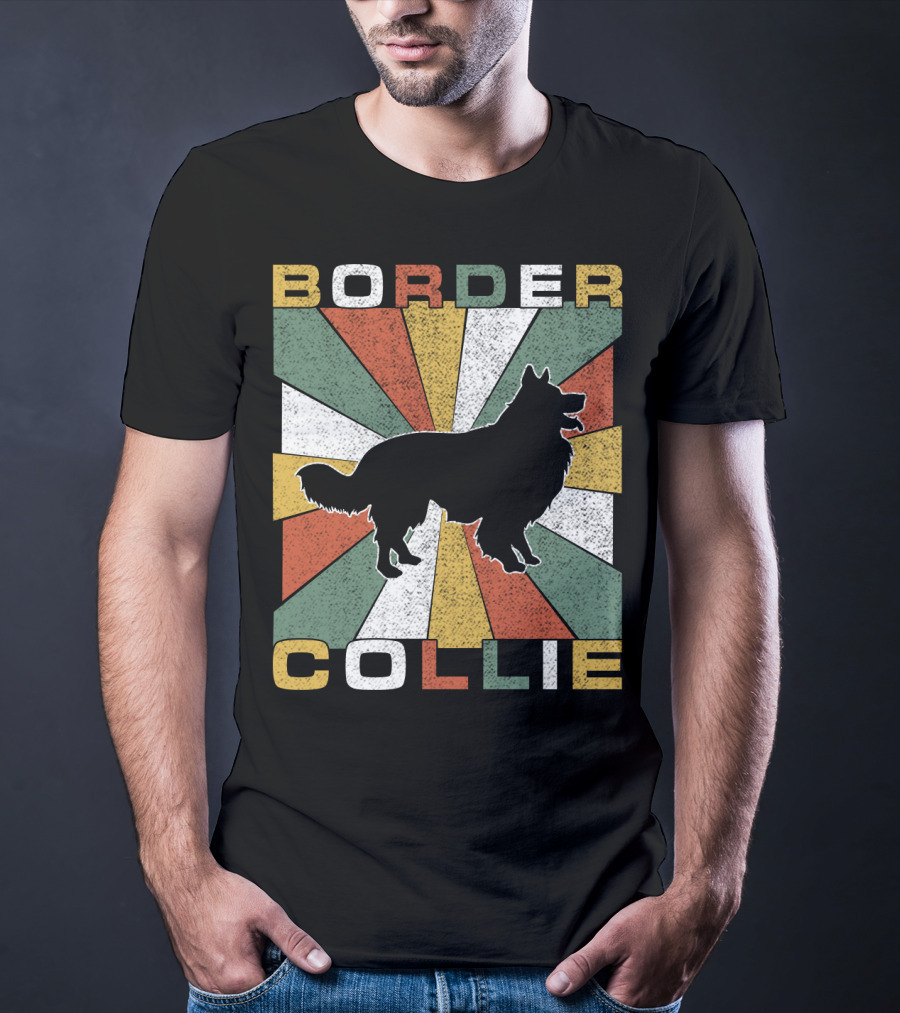 Border Collie Retro 70s Silhouette Radiant Stripes T-Shirt