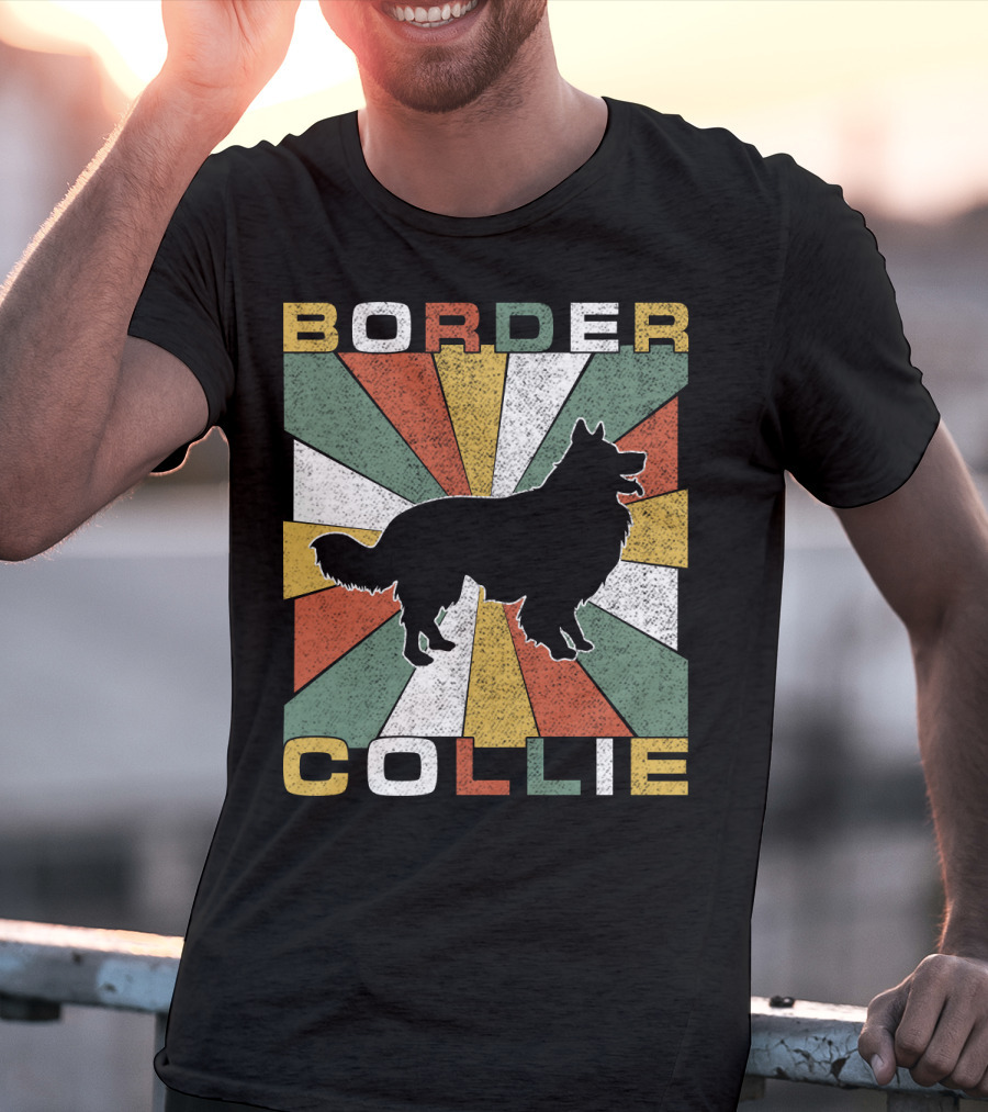 Border Collie Retro 70s Silhouette Radiant Stripes T-Shirt