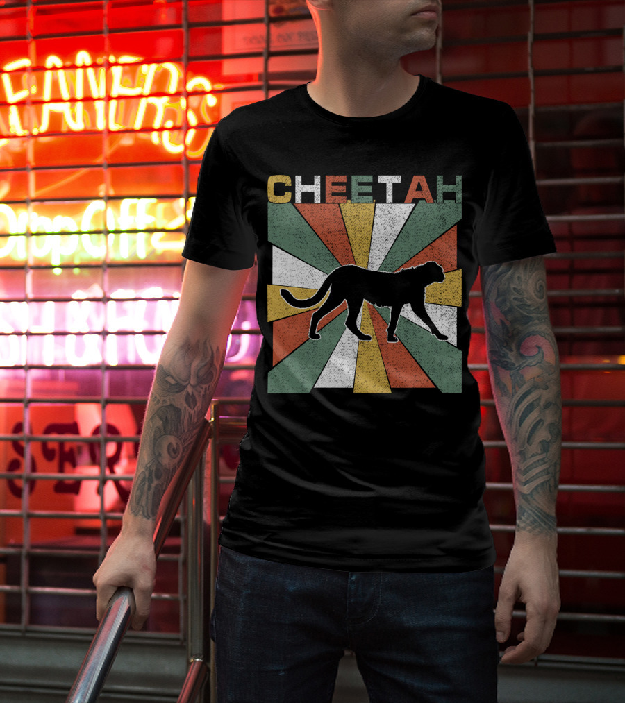 Cheetah Silhouette Retro 70s Vintage Stripes T-Shirt