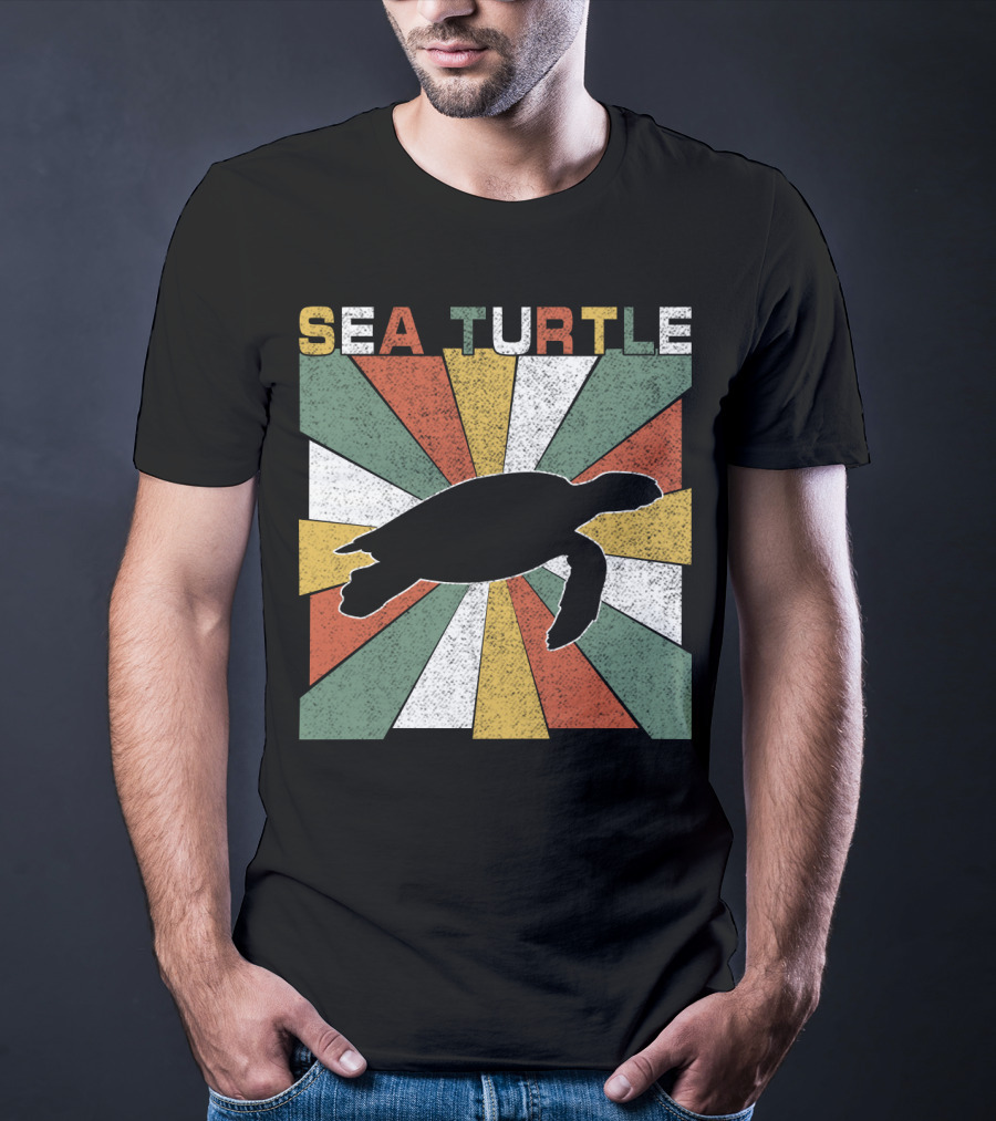 Sea Turtle Retro 70s Vintage Silhouette Distressed Color Blocking T-Shirt