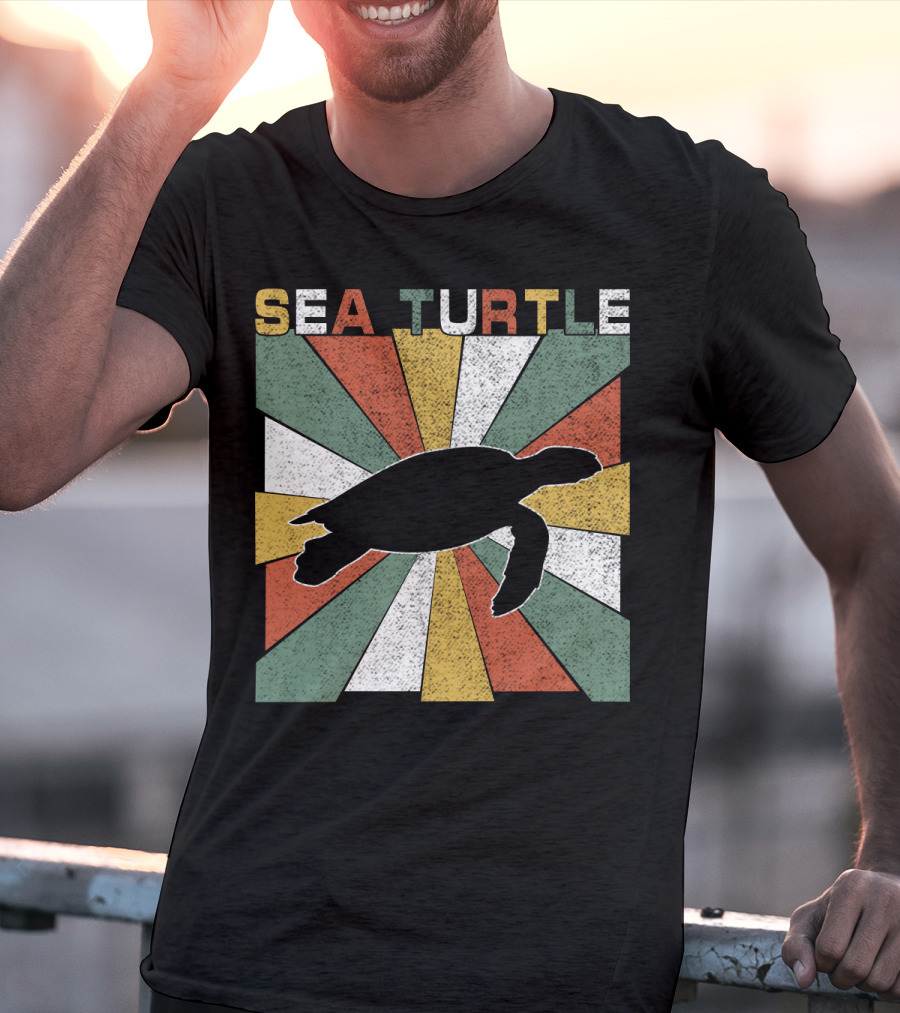 Sea Turtle Retro 70s Vintage Silhouette Distressed Color Blocking T-Shirt