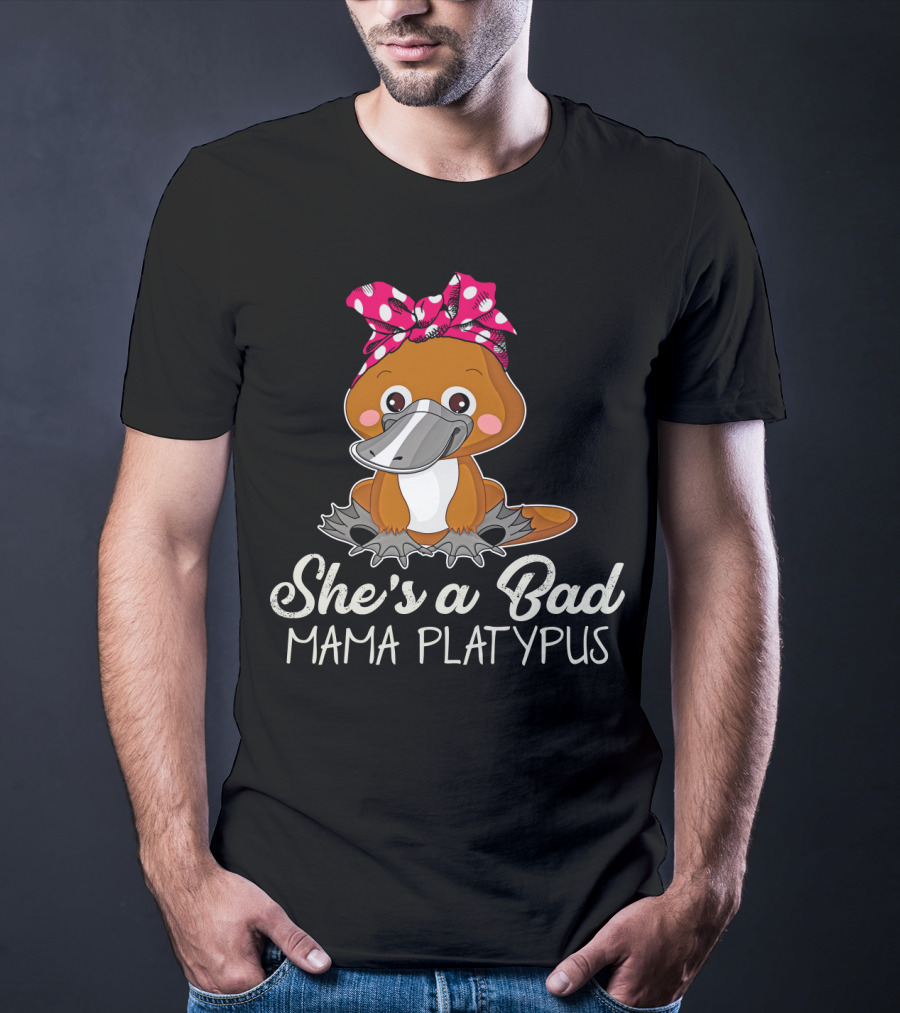 She's A Bad Mama Platypus Cute Cartoon Character With Pink Polka Dot Bow T-Shirt