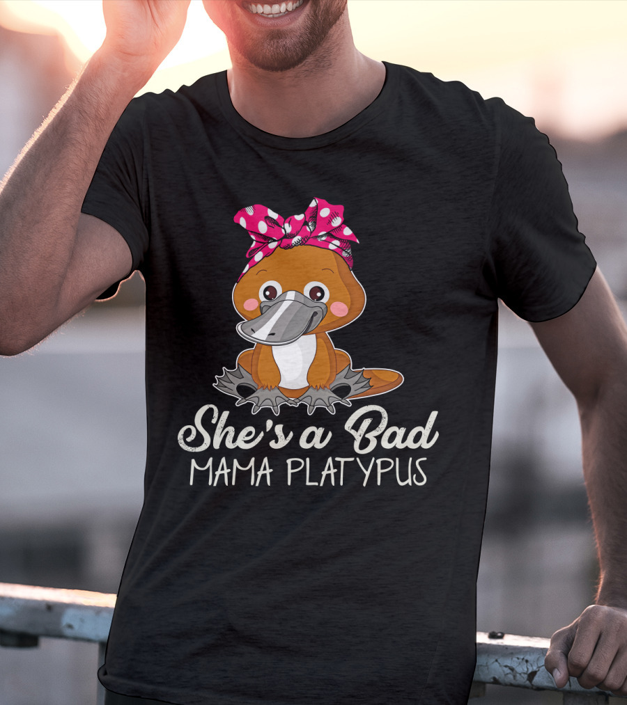 She's A Bad Mama Platypus Cute Cartoon Character With Pink Polka Dot Bow T-Shirt