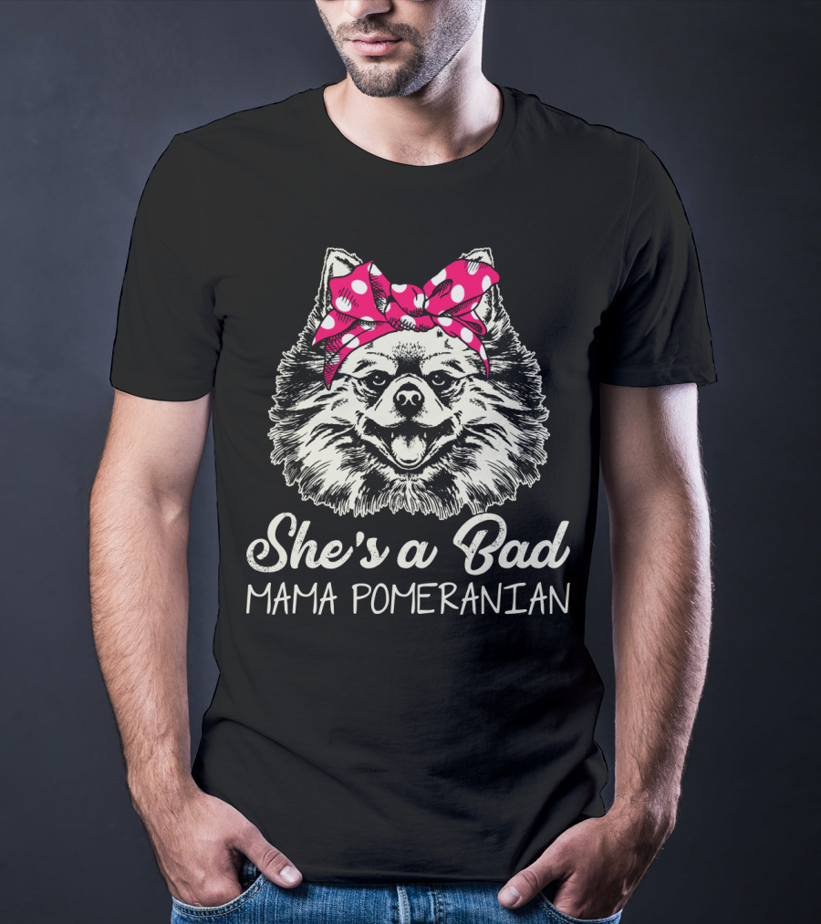 She's A Bad Mama Pomeranian Red Polka Dot Bow T-Shirt
