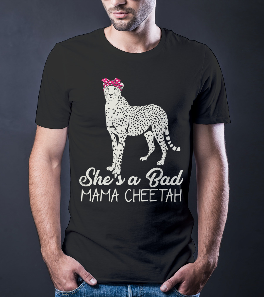 She's A Bad Mama Cheetah With Pink Polka Dot Bow T-Shirt
