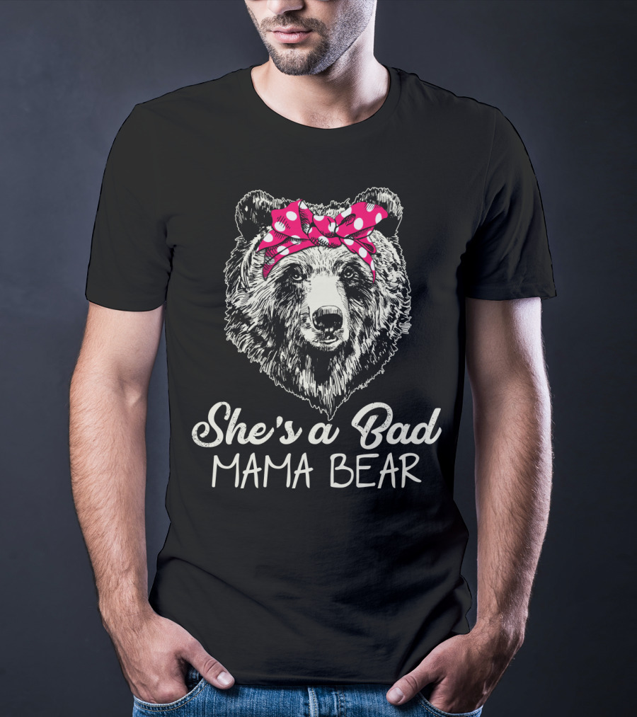 She's A Bad Mama Bear With Polka Dot Bow T-Shirt