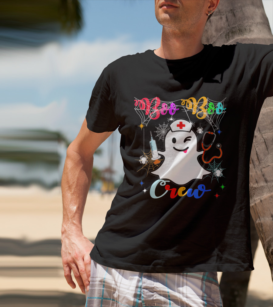 Boo Boo Crew Ghost Nurse Winking With Stethoscope And Syringe Halloween Spider Webs T-Shirt