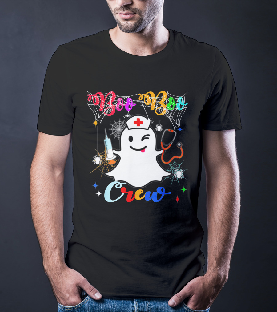 Boo Boo Crew Ghost Nurse Winking With Stethoscope And Syringe Halloween Spider Webs T-Shirt