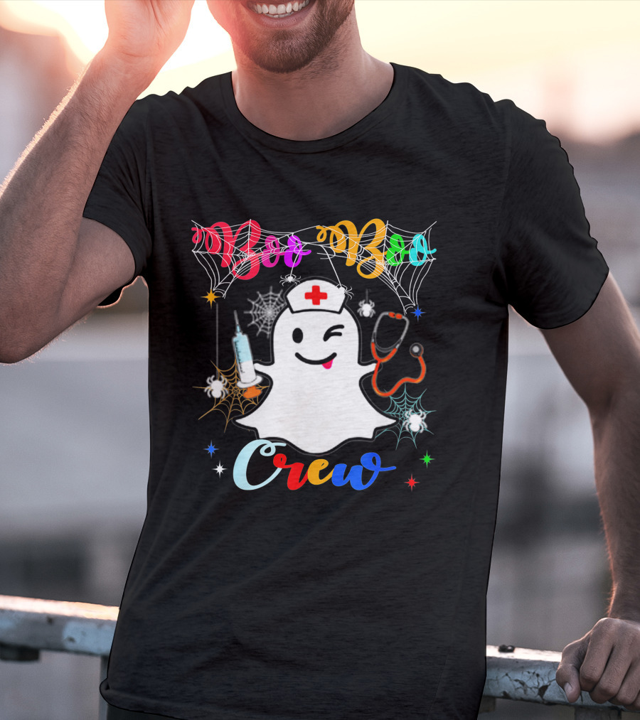 Boo Boo Crew Ghost Nurse Winking With Stethoscope And Syringe Halloween Spider Webs T-Shirt