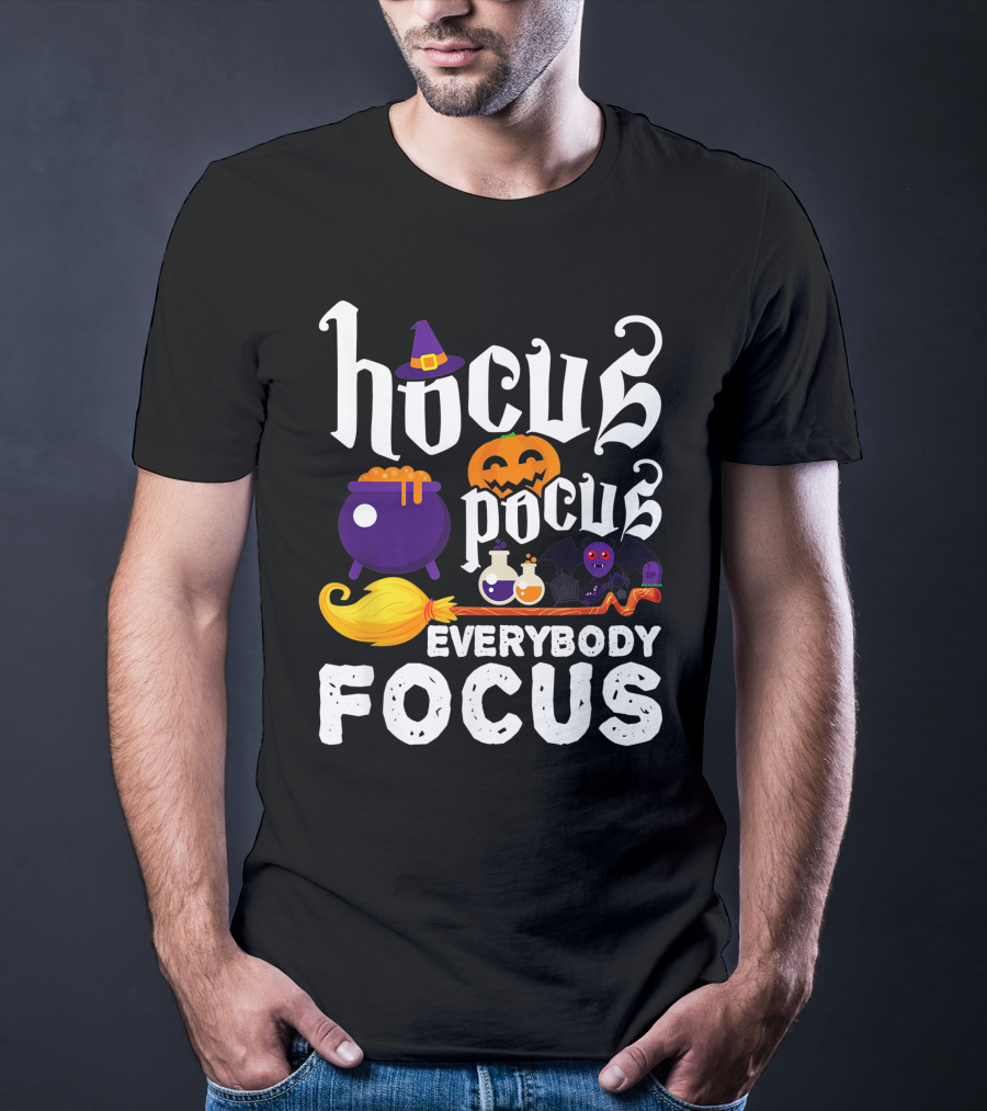 Hocus Pocus Everybody Focus Funny Halloween Costume Cauldron Pumpkin Broom Bat Potions T-Shirt