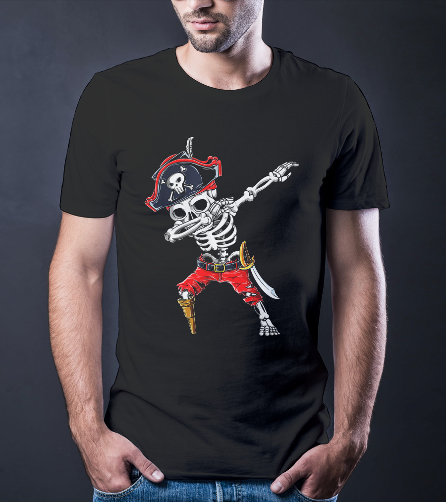 Dabbing Skeleton Pirate With Skull Hat And Sword T-Shirt