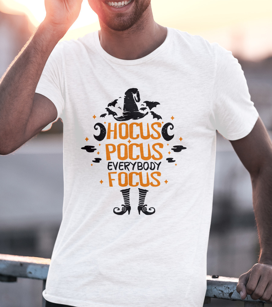 Halloween Hocus Pocus Everybody Focus Funny Teacher Witch Hat Bats Boots T-Shirt