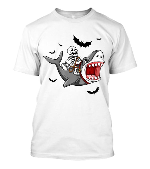 Skeleton Riding Shark With Bats T-Shirt