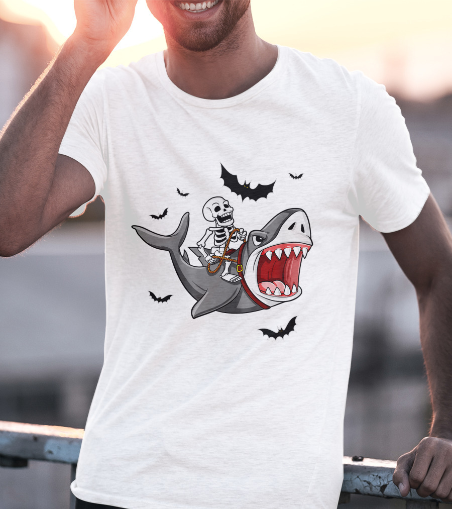 Skeleton Riding Shark With Bats T-Shirt