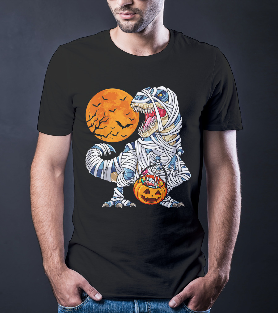 Halloween Dinosaur T-Rex Mummy Pumpkin Moon Bats T-Shirt