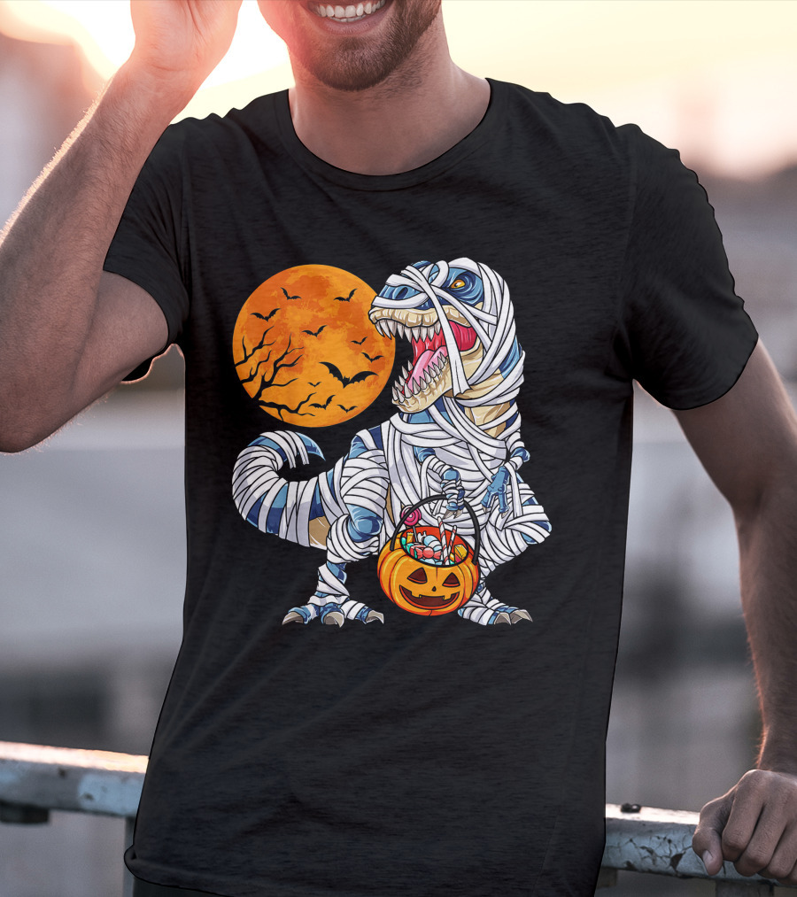 Halloween Dinosaur T-Rex Mummy Pumpkin Moon Bats T-Shirt