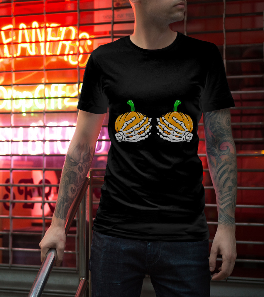 Halloween Pumpkin Skeleton Hands Bra T-Shirt