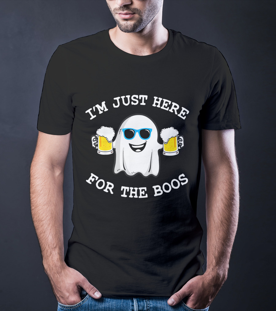I'm Just Here For The Boos Funny Halloween Ghost With Beers And Sunglasses T-Shirt