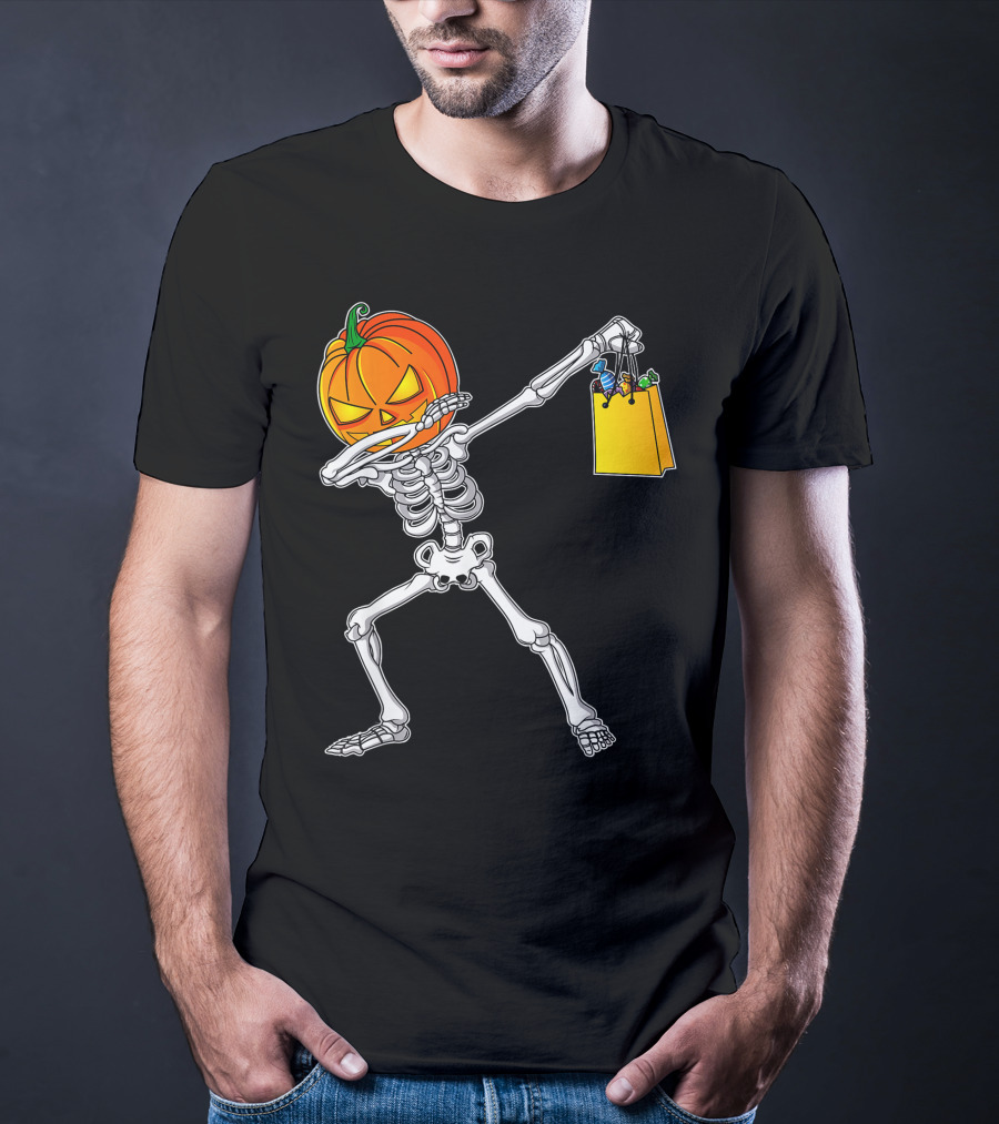 Funny Dabbing Skeleton With Pumpkin Head And Candy Bag For Halloween Kids T-Shirt