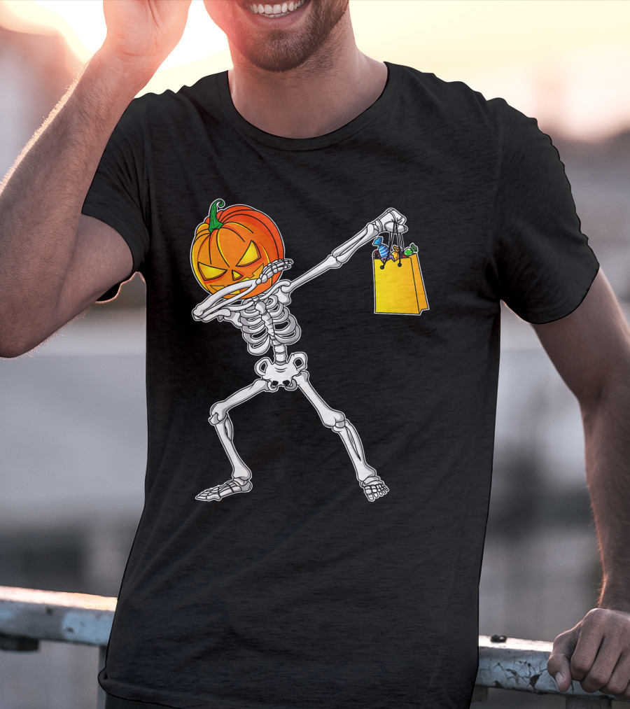 Funny Dabbing Skeleton With Pumpkin Head And Candy Bag For Halloween Kids T-Shirt