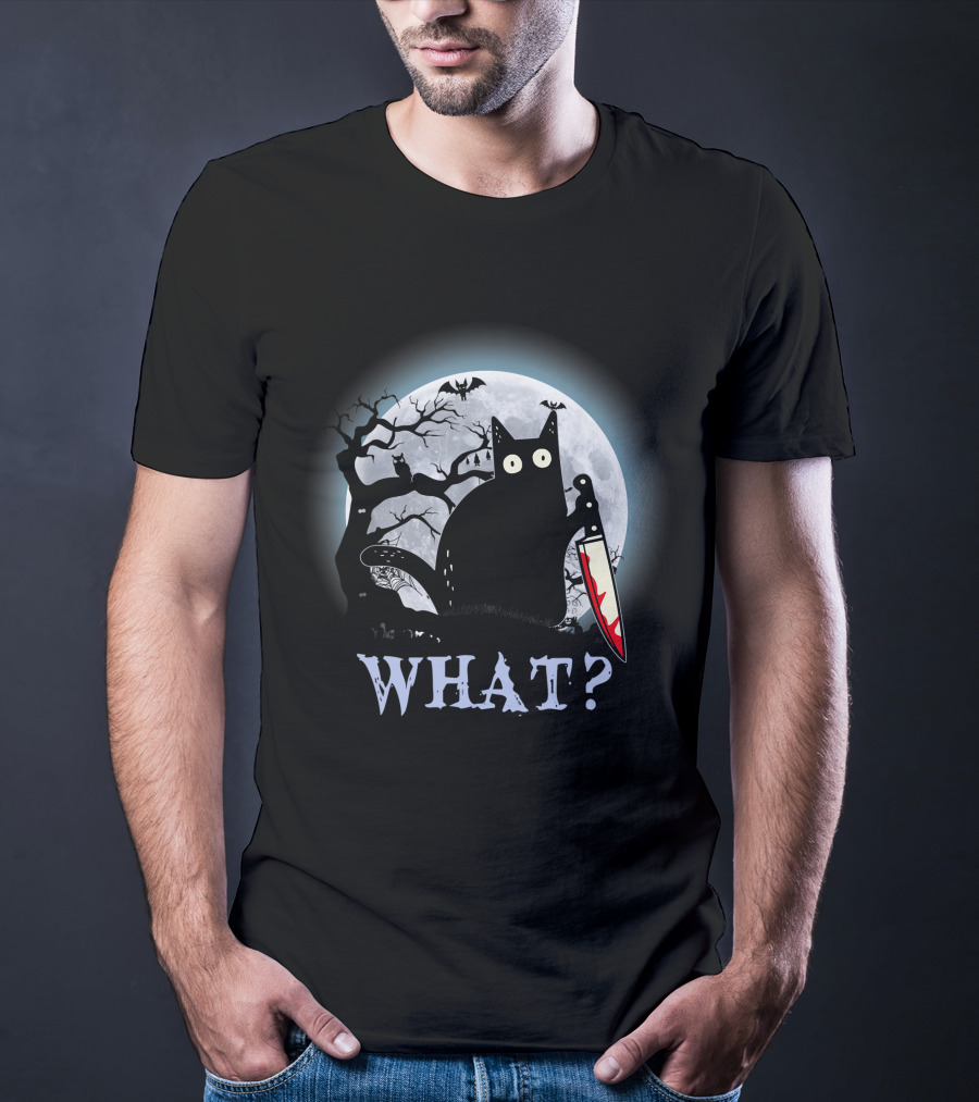 What? Black Cat With Knife Moon Halloween Scene T-Shirt