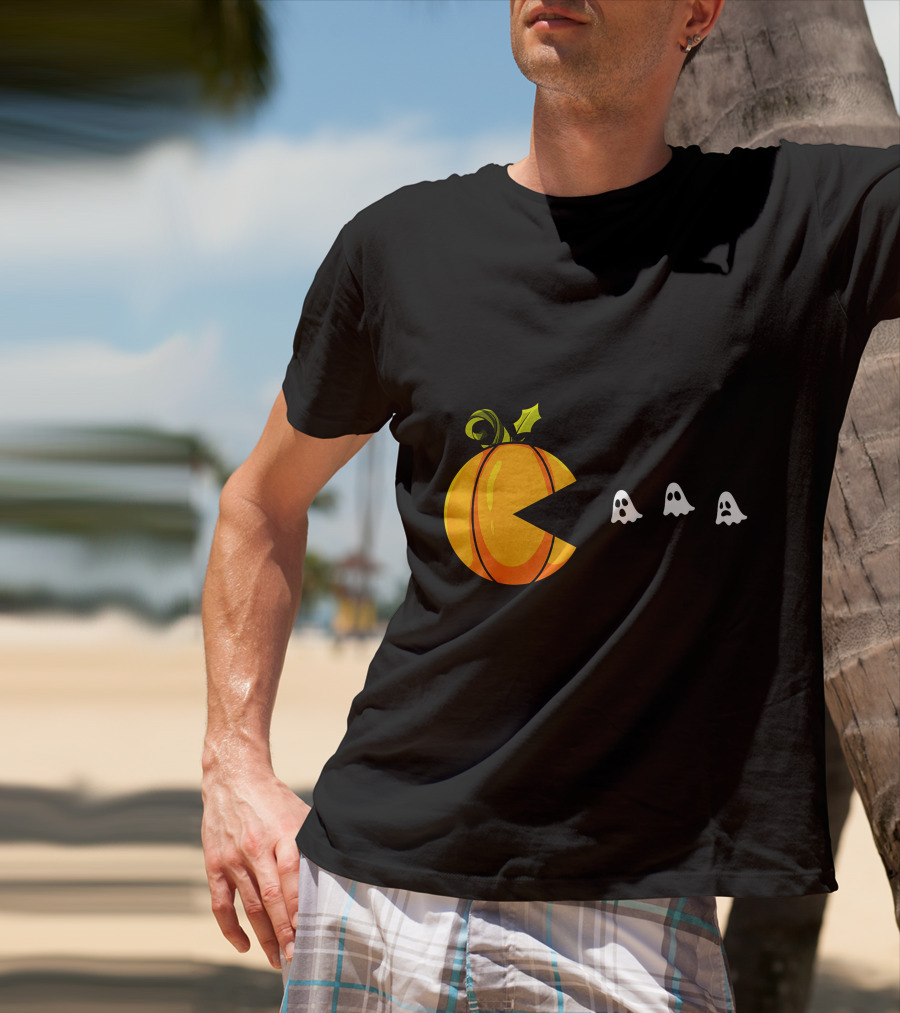 Pumpkin Pac-Man Chomping Ghosts Halloween T-Shirt
