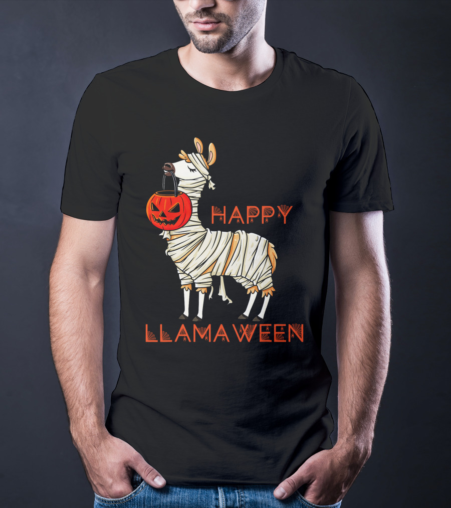 Happy Llamaween Funny Halloween Mummy Llama With Pumpkin Girls T-Shirt