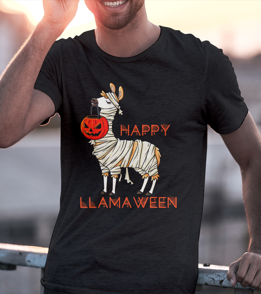 Happy Llamaween Funny Halloween Mummy Llama With Pumpkin Girls T-Shirt