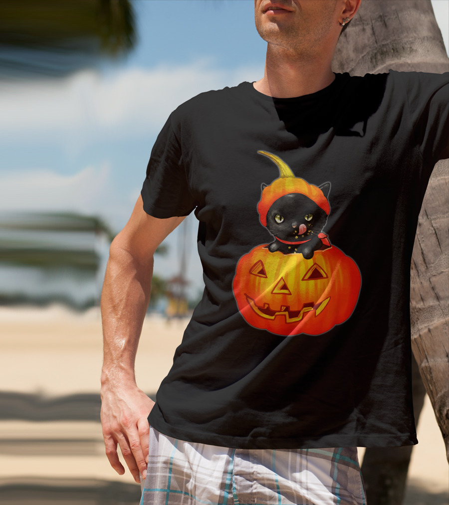 Funny Halloween Cats And Pumpkins With Scary Black Cat T-Shirt