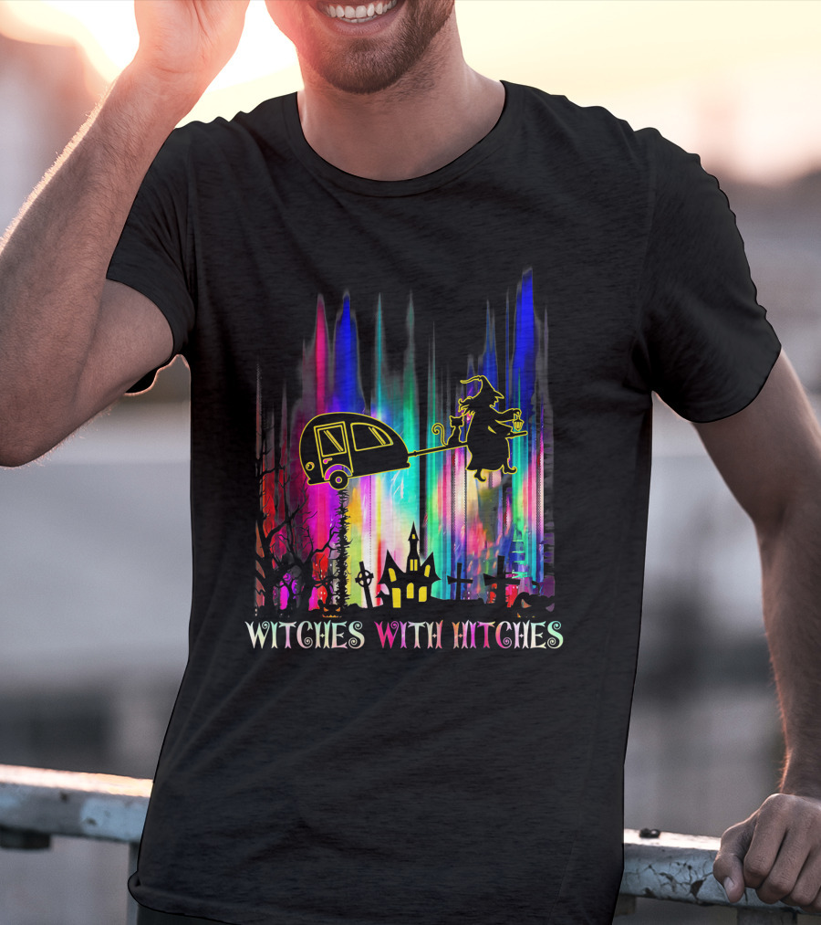 Witches With Hitches Halloween Camping Scene With Colorful Background T-Shirt
