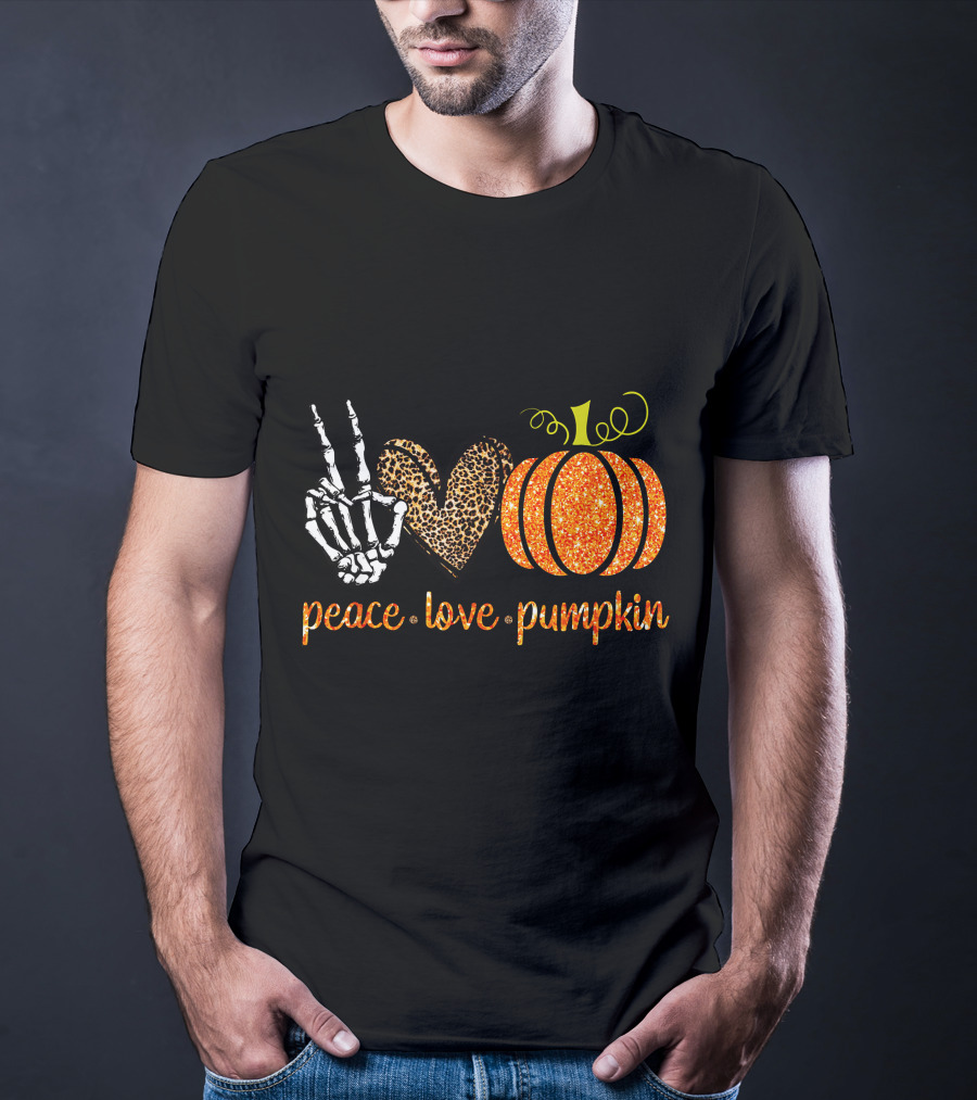 Peace Love Pumpkin Halloween Fall Girls Skeleton Leopard Print T-Shirt