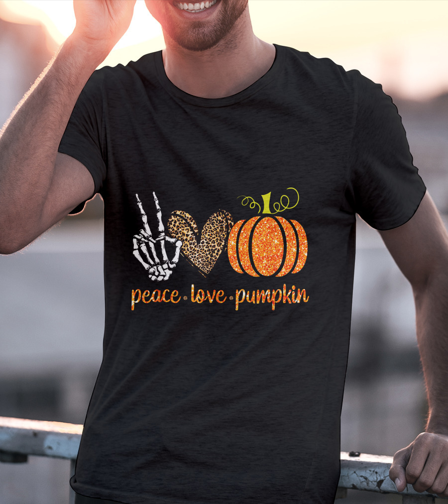 Peace Love Pumpkin Halloween Fall Girls Skeleton Leopard Print T-Shirt