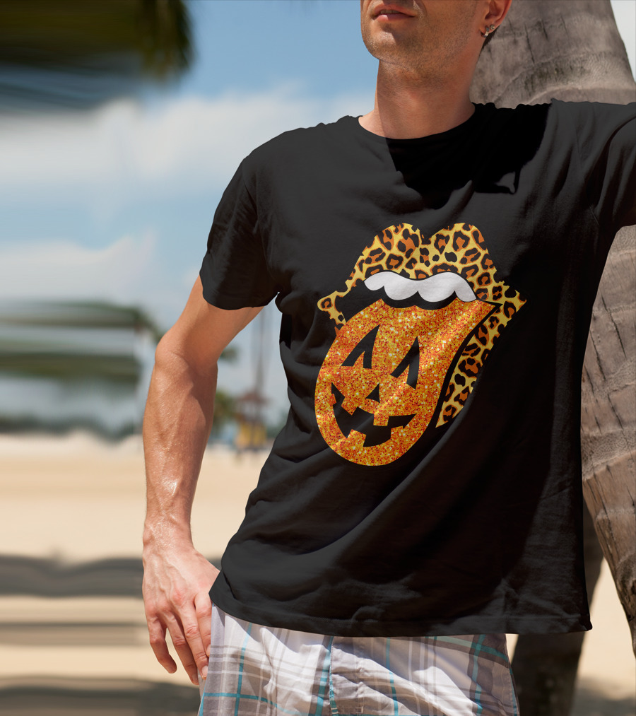 Leopard Lips Pumpkin Tongue Halloween Jack-O'-Lantern Face T-Shirt