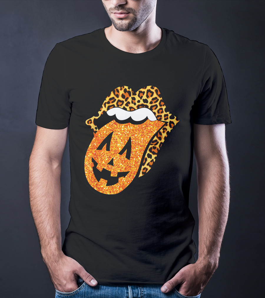 Leopard Lips Pumpkin Tongue Halloween Jack-O'-Lantern Face T-Shirt