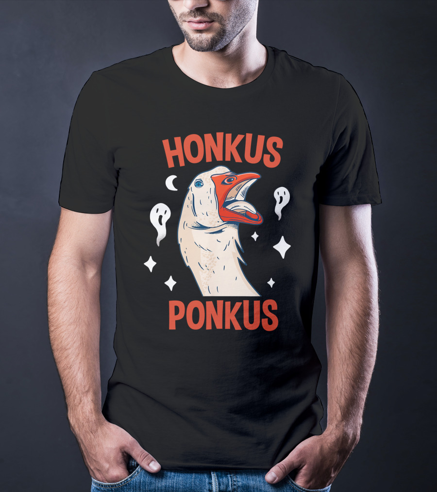 Honkus Ponkus Funny Halloween Duck With Ghosts And Stars T-Shirt