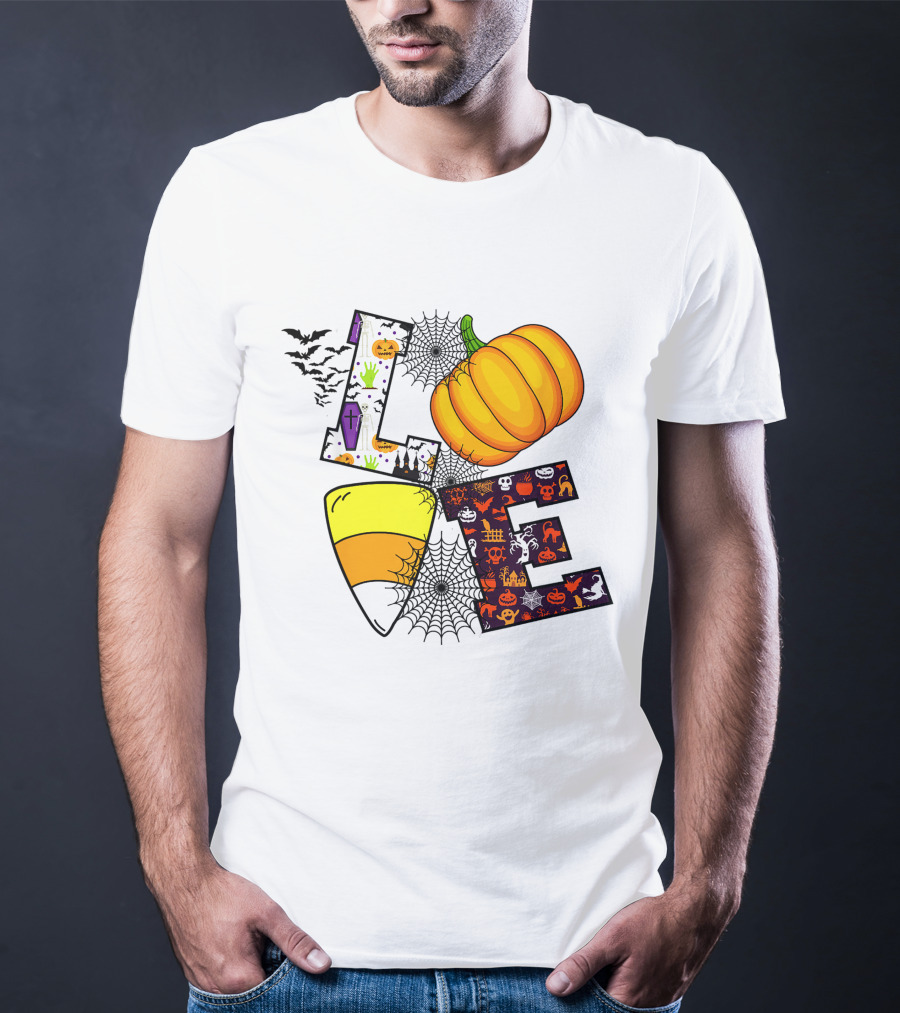Love Pumpkin Candy Corn Halloween Spiderweb Bats Ghosts T-Shirt