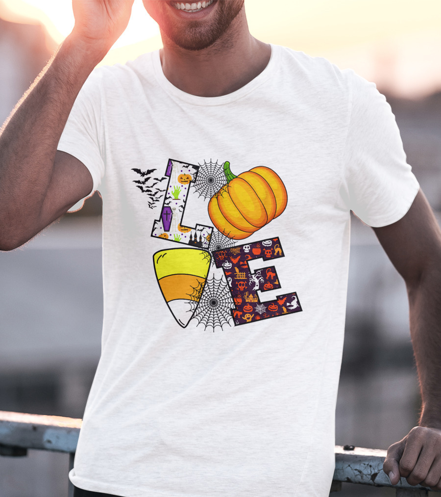 Love Pumpkin Candy Corn Halloween Spiderweb Bats Ghosts T-Shirt
