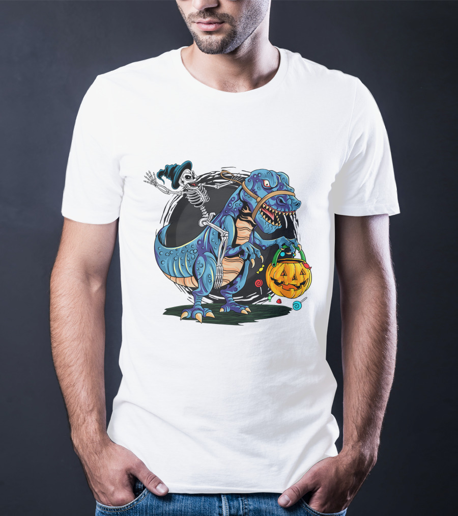 Skeleton Riding Dinosaur Halloween Candy Pumpkin Monster T-Shirt