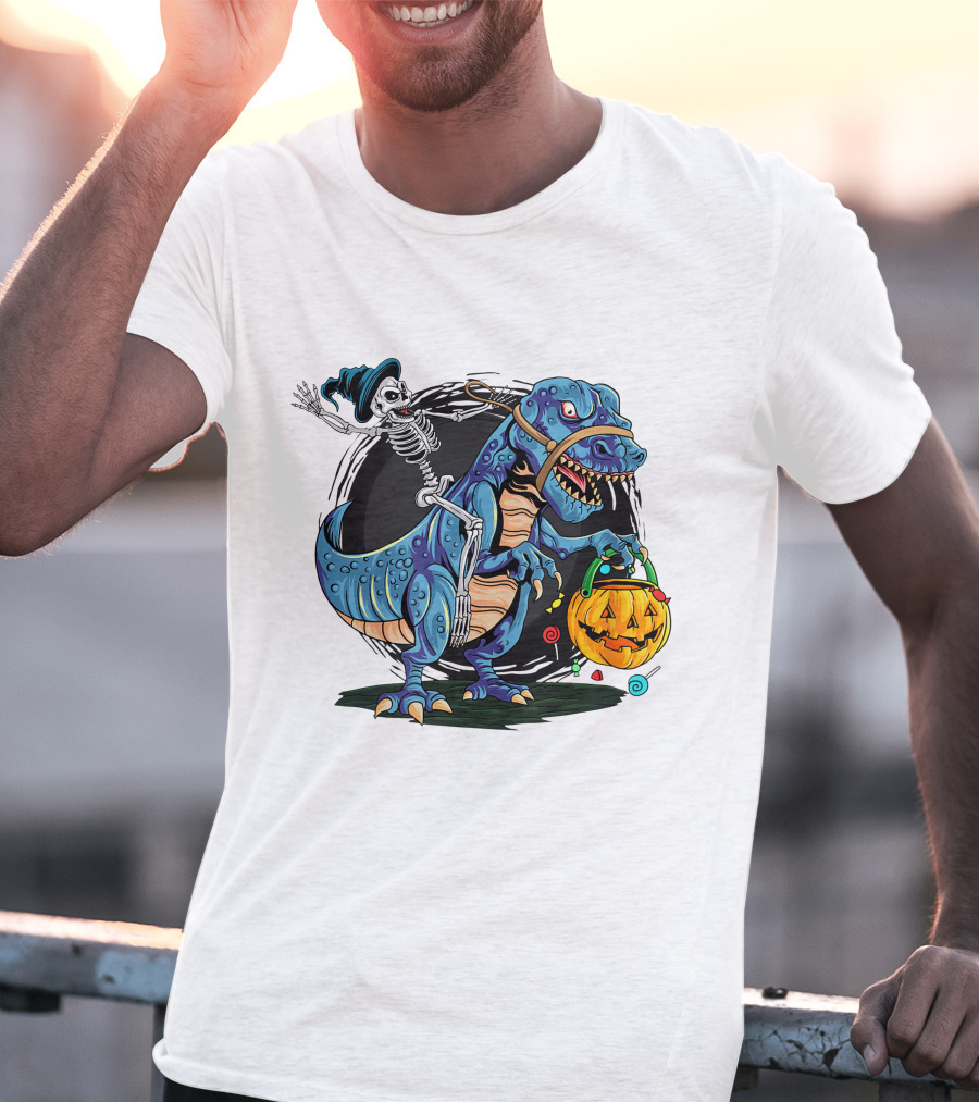 Skeleton Riding Dinosaur Halloween Candy Pumpkin Monster T-Shirt